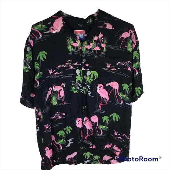 Dem Crazy 1990s pink flamingos button down shirt with coconut shell buttons - Picture 1 of 8